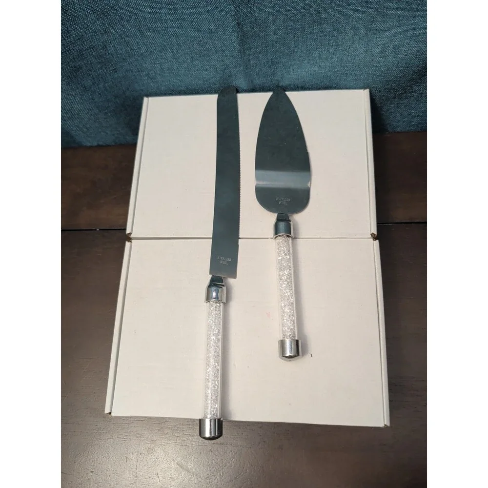 Mr & Mrs Wedding Cake Server Knife Set | Crystal Filled Bling Handle Stainless